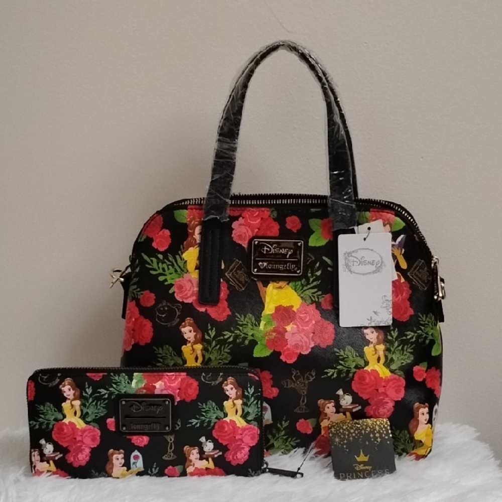RARE Loungefly‎ Disney Beauty & The Beast Princess Belle Floral Bag Wallet Set